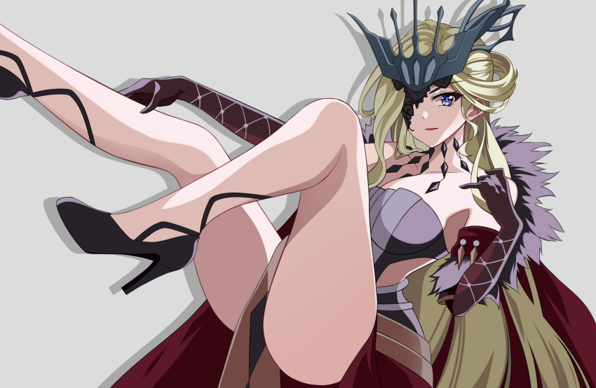 1girl absurdres bare_legs bare_shoulders black_footwear blonde_hair blue_eyes breasts closed_mouth collarbone commentary_request crown dot_nose dress elbow_gloves eyepatch feng_shao_kky_(arj0522) full_body fur_trim genshin_impact gloves high_heels highres knee_up large_breasts leg_up long_hair looking_at_viewer red_dress red_gloves red_lips shadow signora_(genshin_impact) simple_background solo thighs v-shaped_eyebrows very_long_hair white_background