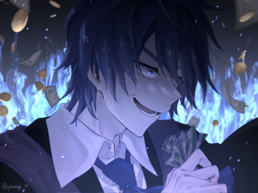 1boy akutoku_no_judgement_(vocaloid) bags_under_eyes black_robe blue_eyes blue_fire blue_hair blue_necktie coin collared_shirt dark dollar_bill embers evil_smile evillious_nendaiki fire from_side gallerian_marlon gold_coin highres holding holding_money judge kaito_(vocaloid) male_focus money necktie open_collar open_mouth pale_skin parang_99 revision robe shirt sketch smile smirk solo twitter_username unbuttoned unbuttoned_shirt vocaloid