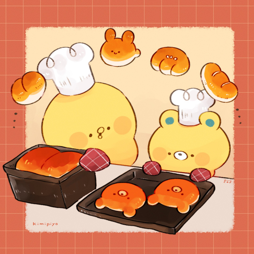 2others animal-shaped_food artist_name bear bird blush_stickers border bread character_food character_name chef_hat chick chicken commentary english_text floating floating_object food hat highres kimipiyo_(tenmiyakiyo) kumago_(tenmiyakiyo) looking_at_another multiple_others no_humans open_mouth orange_border original oven_mitts signature solid_circle_eyes tenmiyakiyo usachii_(tenmiyakiyo)