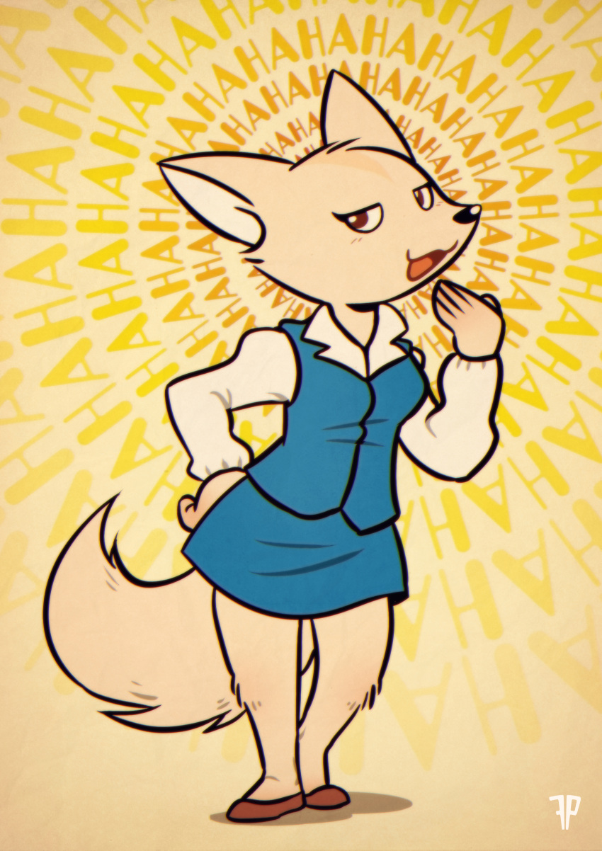 1girl :3 absurdres aggressive_retsuko animal_ears animal_nose artist_name blue_skirt blue_vest body_fur breasts brown_eyes brown_footwear collared_shirt commentary english_commentary english_text fenneko fox-pop_vli fox_ears fox_girl fox_tail full_body furry furry_female half-closed_eyes hand_on_hip hand_to_own_mouth hand_up happy heel_up highres laughing long_sleeves looking_to_the_side miniskirt office_lady open_mouth shirt shoes skirt small_breasts smile smug snout solo standing tail text_background vest watermark white_shirt yellow_background yellow_fur