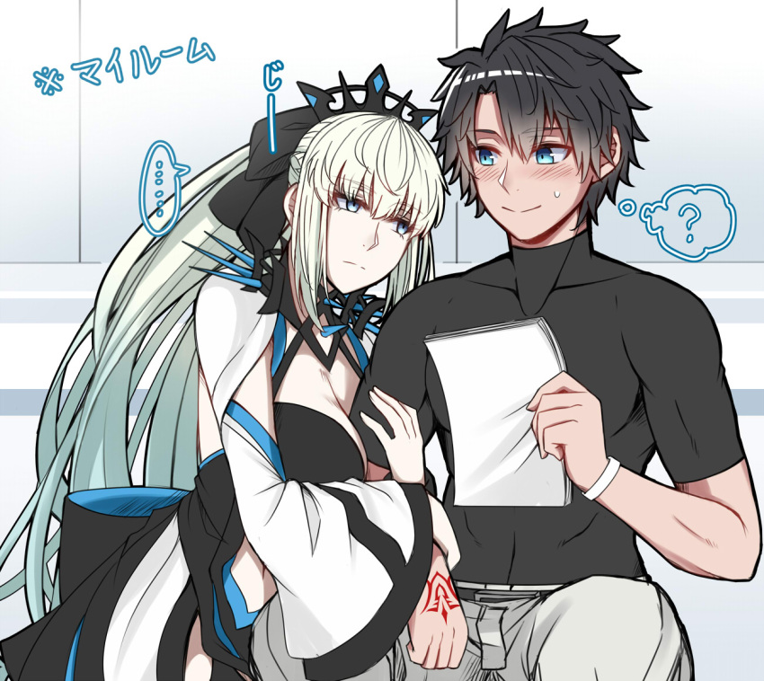 1boy 1girl arm_grab arm_hug black_bow black_hair blue_eyes blush bow braid breasts center_opening cleavage clothing_cutout command_spell crown fate/grand_order fate_(series) french_braid fujimaru_ritsuka_(male) holding_another's_arm morgan_le_fay_(fate) ponytail sanmoto_gorouzaemon stomach_cutout two-tone_dress