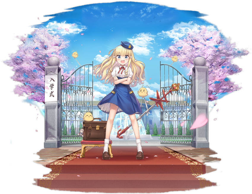 1girl azur_lane bag bird blonde_hair blue_eyes blue_headwear blue_skirt brown_footwear building cherry_blossoms chick cloud crossed_arms expressions fountain full_body gate hat highres long_hair manjuu_(azur_lane) official_art open_mouth outdoors queen_elizabeth_(azur_lane) queen_elizabeth_(queen_of_the_campus)_(azur_lane) school_uniform shirt shoes skirt sky smile socks tree tsuchii_(ramakifrau) white_footwear white_shirt