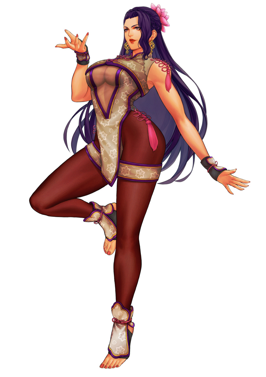 1girl absurdres bare_shoulders breasts closed_mouth clothing_cutout earrings flower gloves hair_flower hair_ornament highres jewelry ktovhinao lipstick long_hair luong makeup mole mole_under_eye nail_polish purple_eyes red_lips solo the_king_of_fighters the_king_of_fighters_xv underboob_cutout white_background