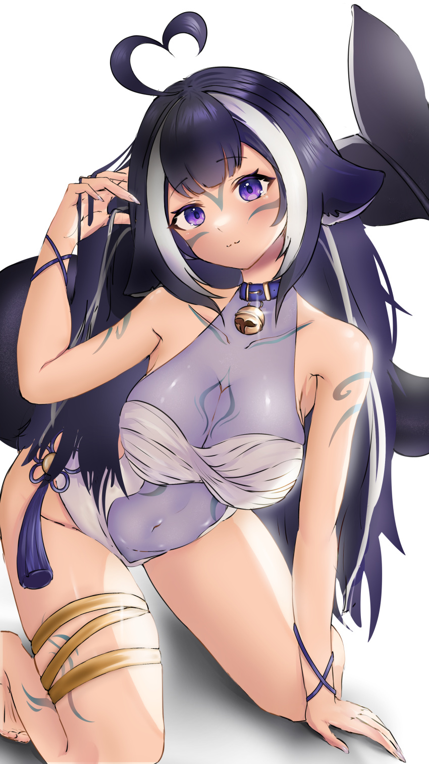 1girl :3 absurdres ahoge animal_ears arm_tattoo bell belt_collar black_hair blue_collar blush breasts cetacean_tail chest_tattoo cleavage collar commentary covered_navel english_commentary facial_tattoo fish_tail heart heart_ahoge highres indie_virtual_youtuber jingle_bell large_breasts leg_tattoo long_hair looking_at_viewer multicolored_hair navel one-piece_swimsuit orca_girl purple_eyes see-through see-through_swimsuit shylily stomach streaked_hair swimsuit tail tattoo thigh_strap virtual_youtuber white_hair white_one-piece_swimsuit yimles