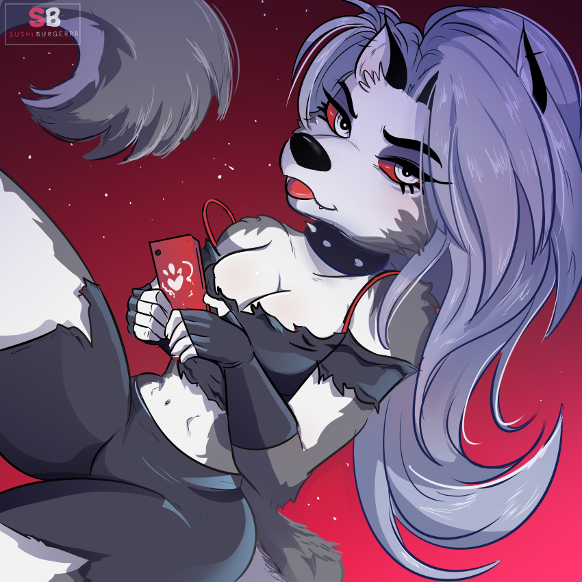 &lt;3 1:1 2020 5_fingers absurd_res anthro big_tail black_bottomwear black_clothing black_shorts blep bottomwear breasts canid canid_demon canine cellphone clothing collar demon female fingers gradient_background hellhound helluva_boss hi_res looking_at_viewer loona_(helluva_boss) mammal phone red_background shorts simple_background smartphone solo sushi_burgerrr tongue tongue_out topwear watermark