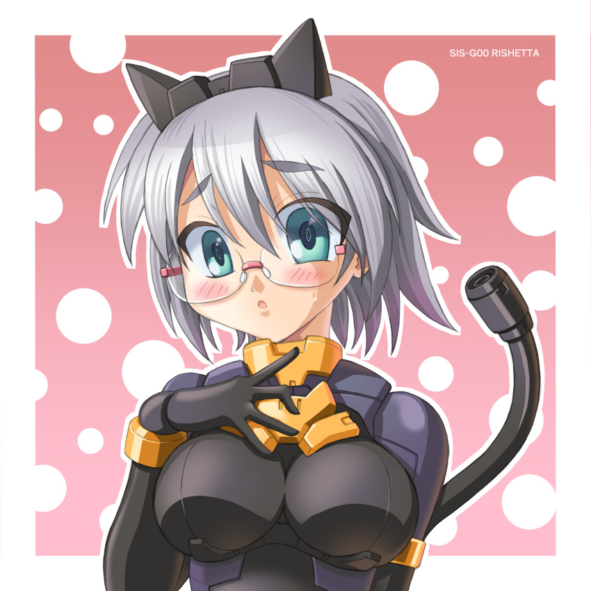 1girl 2000s_(style) 30_minutes_sisters :o absurdres bangs bespectacled black_bodysuit black_gloves black_hairband blush bodysuit border breasts cable cable_tail character_name glasses gloves hairband hand_on_own_chest head_tilt hidaka_saki highres looking_at_viewer mecha_musume mechanical_tail medium_breasts open_mouth pink_background portrait rishetta_(30ms) short_hair skin_tight solo tail white_border