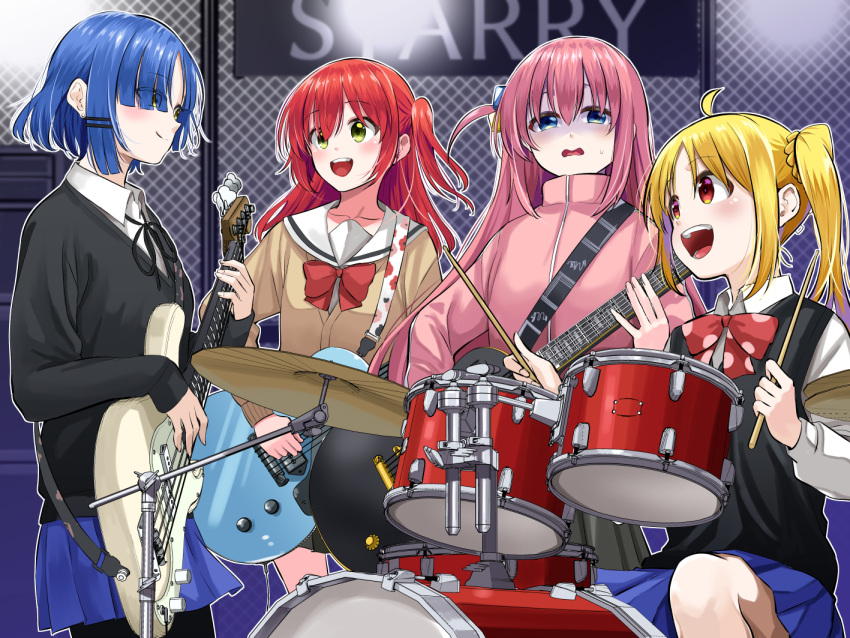 4girls ahoge amplifier attsun_(atsushi_jb) bangs bass_guitar black_pantyhose black_ribbon black_skirt black_sweater black_sweater_vest blonde_hair blue_eyes blue_hair blue_skirt blush bocchi_the_rock! bow brown_cardigan cardigan chain-link_fence closed_jacket collared_shirt commentary_request cymbals drum drum_set drumsticks earrings eyes_visible_through_hair fence gotou_hitori green_eyes grey_skirt guitar hair_between_eyes hair_cubes hair_ornament hairclip holding holding_drumsticks holding_instrument ijichi_nijika instrument jacket jewelry kita_ikuyo long_hair long_sleeves looking_at_another looking_at_viewer multiple_girls neck_ribbon one_side_up open_mouth pantyhose pink_hair pink_jacket pleated_skirt polka_dot polka_dot_bow red_bow red_eyes red_hair ribbon sailor_collar school_uniform serafuku shaded_face shirt short_hair side_ponytail sitting skirt smile standing stud_earrings sweatdrop sweater sweater_vest track_jacket white_sailor_collar white_shirt yamada_ryou yellow_eyes