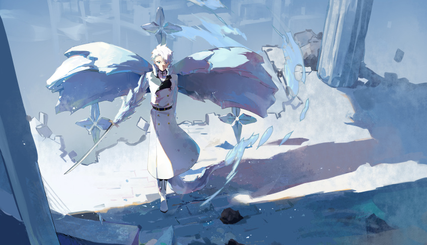 1boy absurdres bankai bleach buttons coat daiguren_hyourinmaru_(bankai) double-breasted green_eyes high_collar highres hitsugaya_toushirou holding holding_sword holding_weapon ice ice_wings standing sword weapon white_coat white_footwear white_hair wings zzz_zhi_he