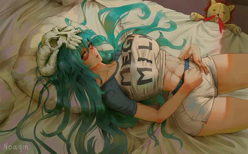 1girl abs bleach blood blue_hair breasts collarbone crotch facial_mark kon large_breasts long_hair looking_at_viewer mega_milk midriff nelliel_tu_odelschwanck noaqin nosebleed on_bed open_mouth pillow skull skull_on_head stuffed_animal stuffed_lion stuffed_toy