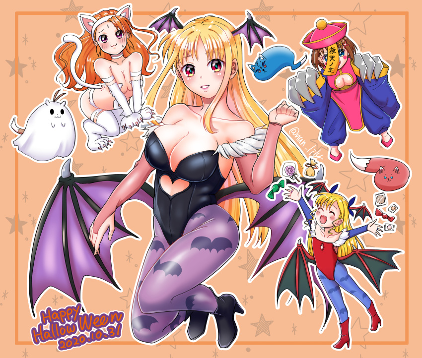 4girls :3 :d all_fours animal_ears animal_hands animal_print arf asymmetrical_bangs bad_id bad_twitter_id bangs bare_shoulders bat_print black_footwear black_leotard blonde_hair blue_pantyhose blue_ribbon blush_stickers boots border breasts brown_hair candy cat_ears cat_tail chinese_clothes claws cleavage clothing_cutout commentary_request cosplay dated demon_girl elbow_gloves english_text fake_animal_ears fate_testarossa felicia_(vampire) felicia_(vampire)_(cosplay) food ghost ghost_costume gloves hair_ornament hair_ribbon hairclip halloween halloween_costume hat head_wings heart_cutout highres jiangshi_costume kneeling large_breasts lei_lei lei_lei_(cosplay) leotard lilith_aensland lilith_aensland_(cosplay) long_hair low_wings lyrical_nanoha mahou_shoujo_lyrical_nanoha_vivid morrigan_aensland morrigan_aensland_(cosplay) multiple_girls nun_(nun_lily) off-shoulder_leotard ofuda open_mouth orange_background orange_border outline outstretched_arms pantyhose paw_gloves paw_shoes print_legwear purple_pantyhose purple_wings qing_guanmao red_eyes red_footwear red_leotard red_wings ribbon short_hair smile standing standing_on_one_leg starry_background sweatdrop tail takamachi_nanoha talisman thigh_boots twitter_username two_side_up vampire_(game) vivio white_footwear white_gloves white_outline wings x_hair_ornament yagami_hayate yuuno_scrya zafira zombie_pose