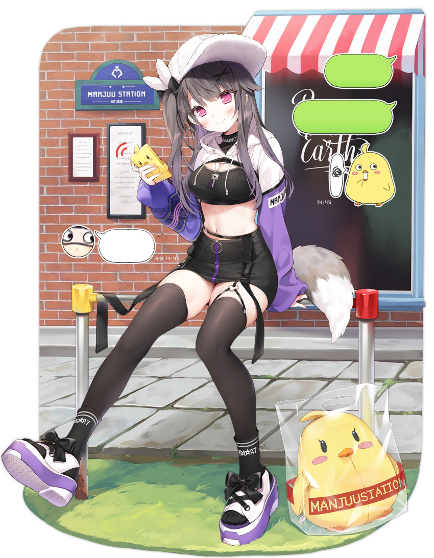 1girl :3 :d azur_lane black_hair black_skirt black_thighhighs byulzzi clothing_cutout expressions fake_tail garter_straps gradient_eyes hat highres jewelry key key_necklace long_sleeves looking_at_viewer manjuu_(azur_lane) midriff multicolored_eyes navel_cutout necklace official_alternate_costume official_art pamiat_merkuria_(azur_lane) pamiat_merkuria_(chic_and_cheeky)_(azur_lane) plastic_wrap red_eyes side_ponytail single_garter_strap sitting skirt sleeves_past_wrists smile tail thighhighs thighs