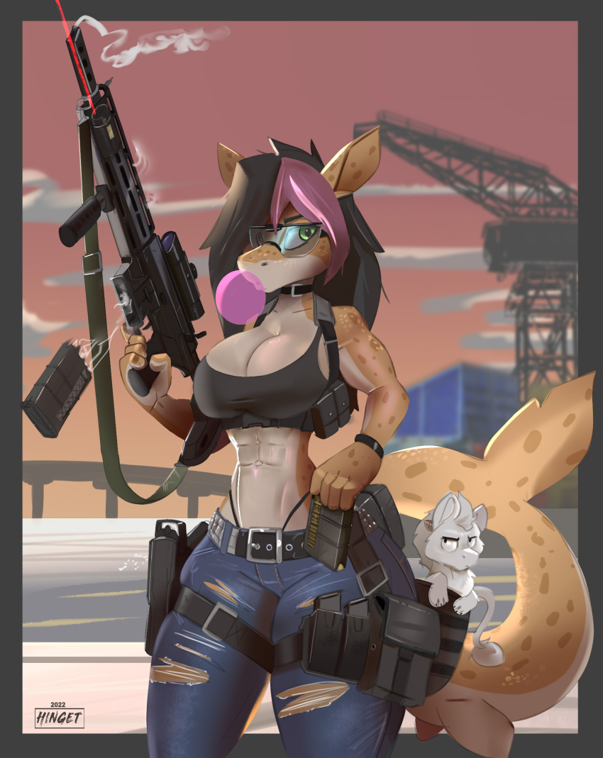 2022 abs anthro ar-15 belt black_border border bottomwear breasts bridge bubble_gum cleavage clothed clothing female fish gun hi_res hinget marine midriff navel pants pet ranged_weapon sea shark torn_clothing water weapon