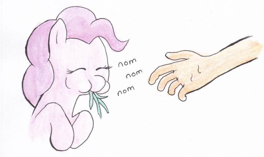 2018 disembodied_hand duo earth_pony eating equid equine eyes_closed female feral flower friendship_is_magic hair hasbro herbivore hi_res hooves horse lost_marbles mammal mane my_little_pony nom offscreen_character pink_body pink_hair pink_mane pinkie_pie_(mlp) plant pony raised_hoof simple_background traditional_media_(artwork) white_background