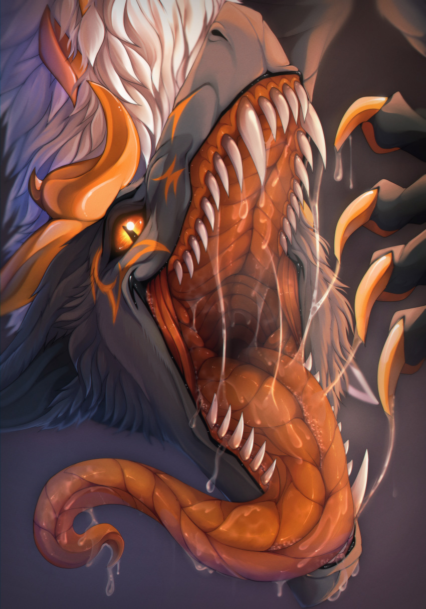 absurd_res ambiguous_gender bodily_fluids dragon drooling fangs feral fur furred_dragon glistening glistening_eyes grey_background grey_body grey_fur hi_res horn looking_at_viewer mouth_shot open_mouth orange_eyes orange_horn orange_tongue pupils saliva saliva_on_chin saliva_on_tongue saliva_string santanahoffman sharp_teeth simple_background slit_pupils solo teeth tongue unsigned