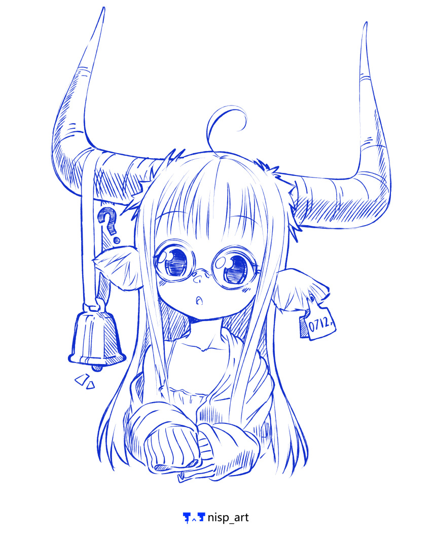 :o ? absurdres ahoge animal_ears artist_logo artist_name bangs bell blush collarbone commentary_request cow_ears cow_girl cow_horns cropped_torso flat_chest glasses hands_up highres horns jacket long_hair nisp_art notice_lines open_clothes open_jacket original pen_(medium) russian_commentary shirt sidelocks simple_background sleeves_past_fingers sleeves_past_wrists upper_body white_background