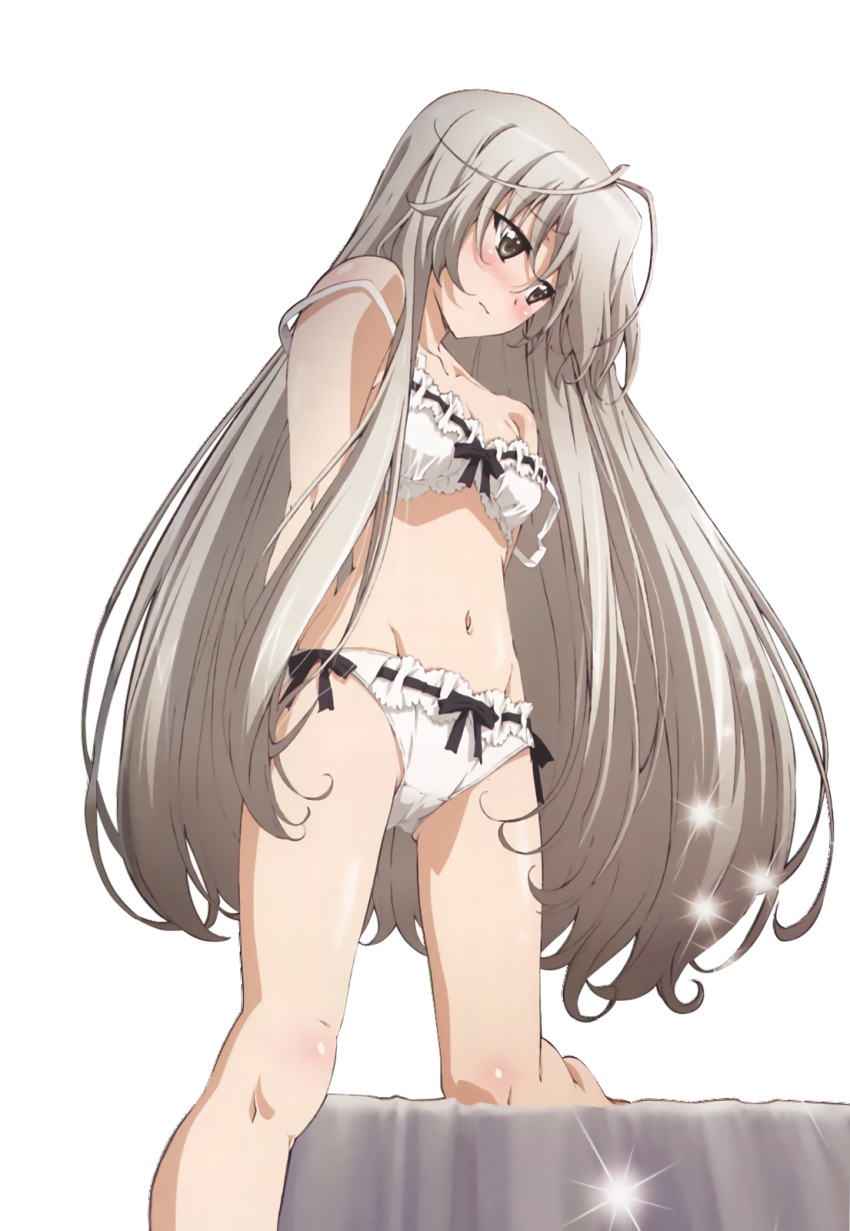 1girl bangs barefoot bed blush bra breasts closed_mouth highres kasugano_sora long_hair looking_away looking_to_the_side medium_breasts official_art panties solo standing standing_on_one_leg transparent_background underwear underwear_only yosuga_no_sora