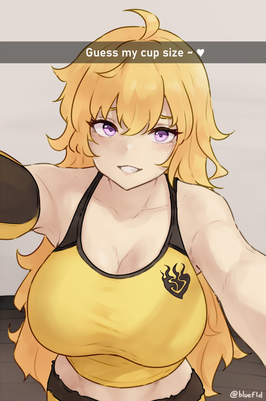 1girl ahoge armpits blonde_hair bluefield breasts cleavage english_commentary english_text grin highres large_breasts long_hair looking_at_viewer midriff outstretched_arms purple_eyes rwby selfie smile solo tank_top upper_body wavy_hair yang_xiao_long yellow_tank_top