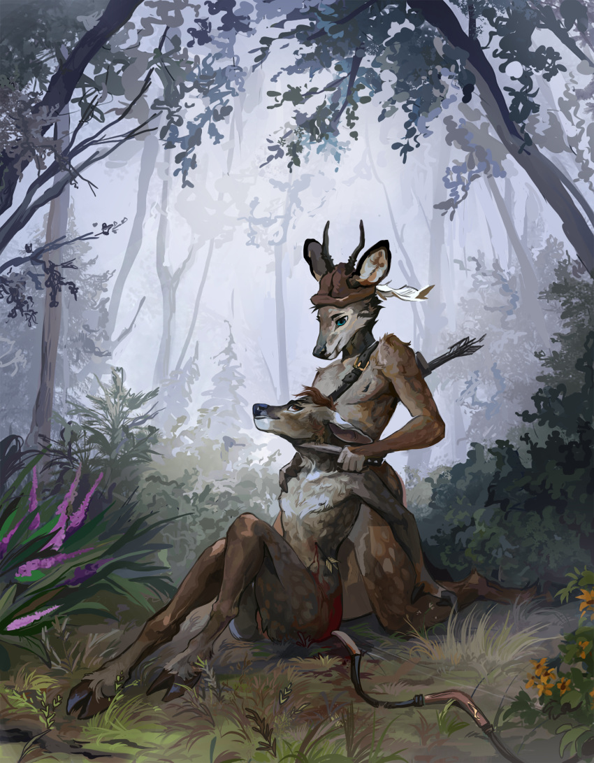 absurd_res antelope anthro arrow_(weapon) arrowed bovid bow_(weapon) cervid cut_throat death detailed_background duo forest forest_background gore hi_res hooves hunter knife mammal nature nature_background plant prey ranged_weapon snuff throat_slitting tourclub_chergid tree weapon