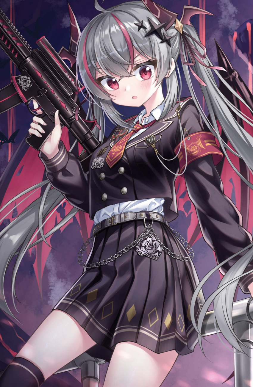 1girl assault_rifle blush demon_girl demon_horns demon_tail demon_wings gun hair_ornament highres holding holding_weapon horns long_hair looking_at_viewer medal multicolored_hair open_mouth original plaid plaid_skirt red_eyes rifle skirt tail thighhighs twintails two-tone_hair tyutaka0427 uniform weapon wings