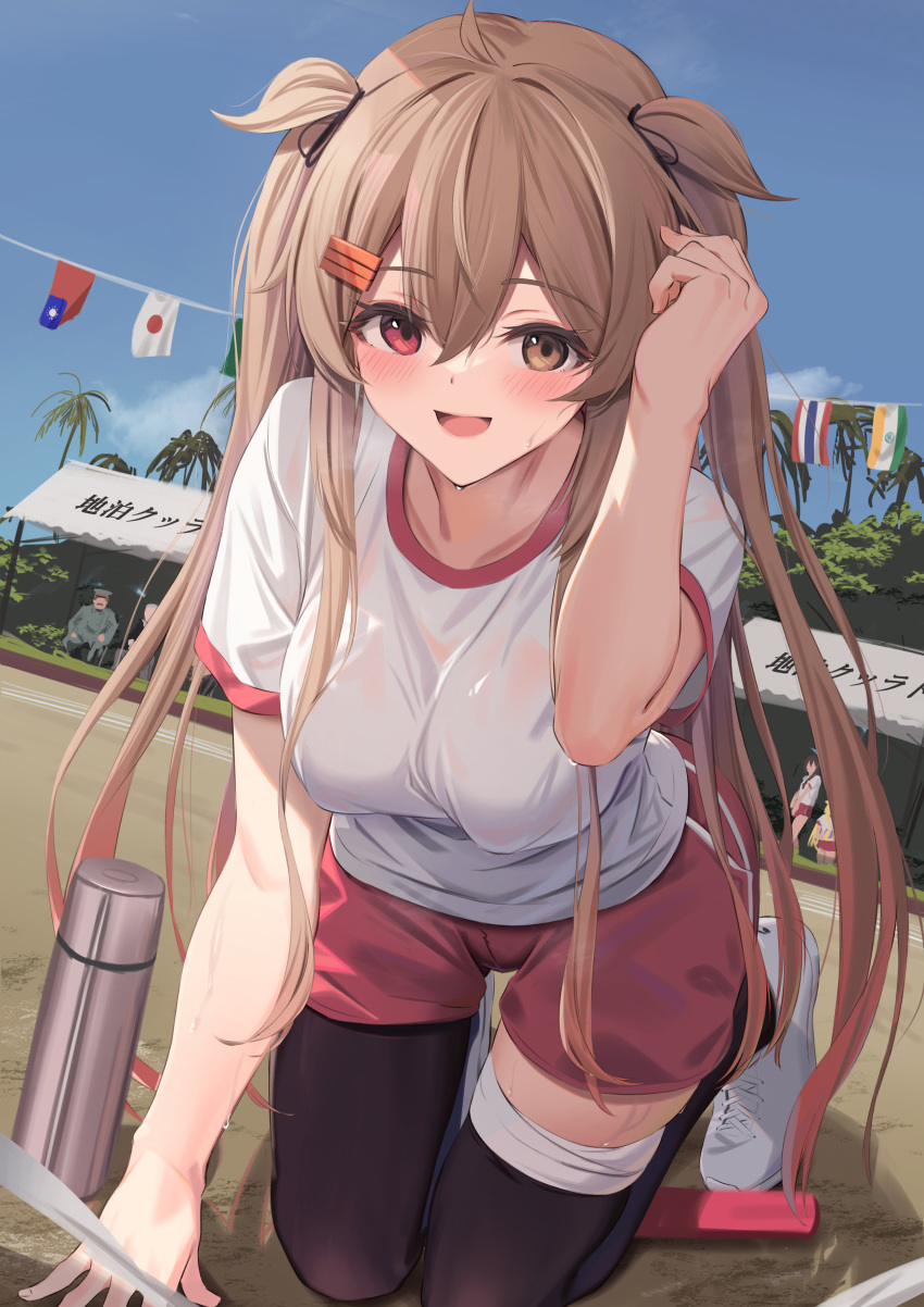 2boys 3girls absurdres black_thighhighs blush breasts brown_eyes commentary_request day flags_of_all_nations gym_shirt gym_shorts gym_uniform hair_between_eyes hair_flaps hair_ornament hairclip heterochromia highres indian_flag japanese_flag kantai_collection kokenashi large_breasts light_brown_hair long_hair manchukuo_flag multiple_boys multiple_girls murasame_(kancolle) murasame_kai_ni_(kancolle) open_mouth outdoors red_eyes red_shorts republic_of_china_flag revision shigure_(kancolle) shirt shoes short_sleeves shorts smile sneakers solo_focus string_of_flags thai_flag thighhighs twintails white_footwear white_shirt yuudachi_(kancolle)