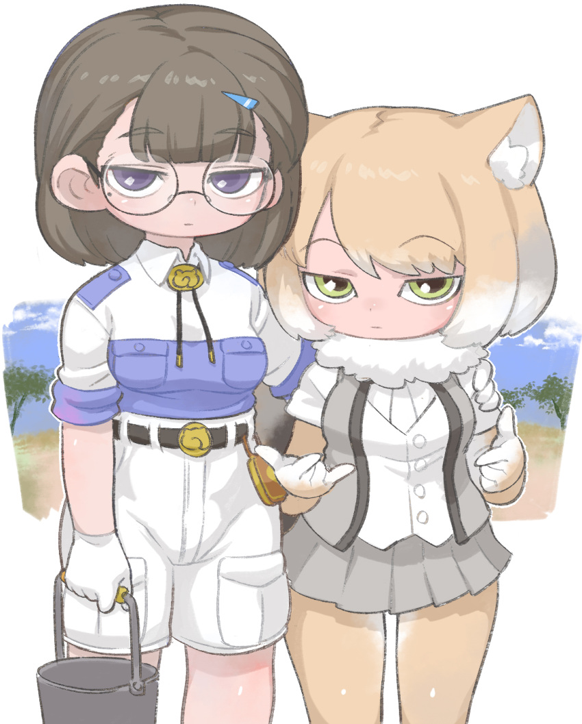 2girls animal_ears blonde_hair blush brown_gloves brown_hair brown_pantyhose bucket collared_shirt commentary_request cowboy_shot elbow_gloves expressionless fox_ears fox_girl fox_tail glasses gloves green_eyes grey_hair grey_skirt grey_vest hair_ornament hairclip highres kemono_friends khakis kuro_(kurojill) multicolored_hair multiple_girls original pantyhose plaid plaid_skirt purple_eyes shirt short_hair short_sleeves skirt t-shirt tail tibetan_fox_(kemono_friends) uniform vest white_gloves white_hair white_shirt