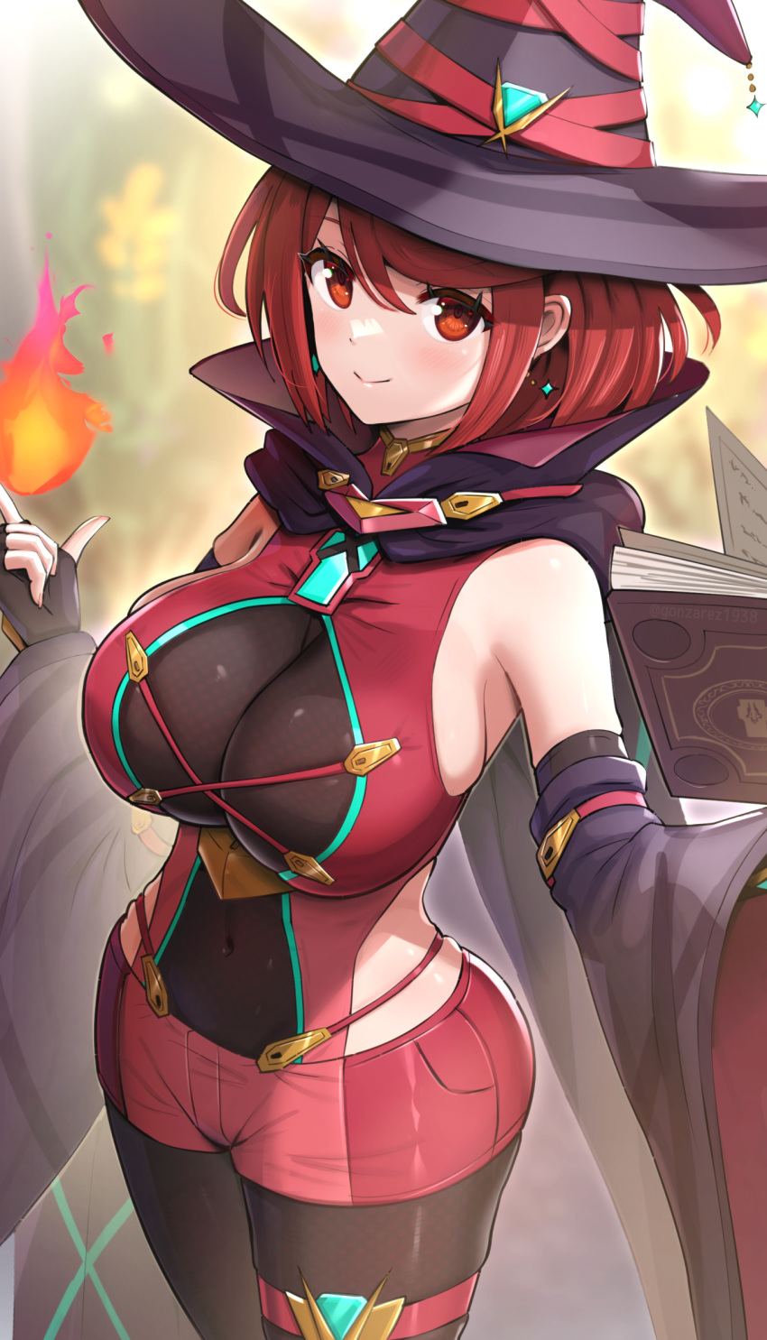 1girl adapted_costume backless_outfit bangs black_cloak bob_cut book breasts chest_jewel cleavage cloak covered_navel dangle_earrings detached_sleeves duplicate earrings fingerless_gloves fire gem gloves gonzarez hat highres jewelry large_breasts legwear_under_shorts long_sleeves micro_shorts pantyhose pixel-perfect_duplicate pyra_(xenoblade) red_eyes red_hair short_hair short_shorts shorts sleeveless swept_bangs thick_thighs thigh_strap thighs wide_hips witch_hat xenoblade_chronicles_(series) xenoblade_chronicles_2