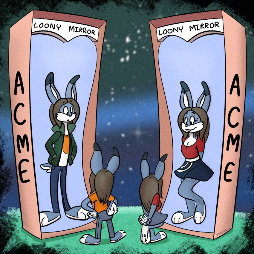 bottomwear clothing female hi_res jacket lagomorph leporid male mammal mirror rabbit skirt toons toony topwear trevor-fox