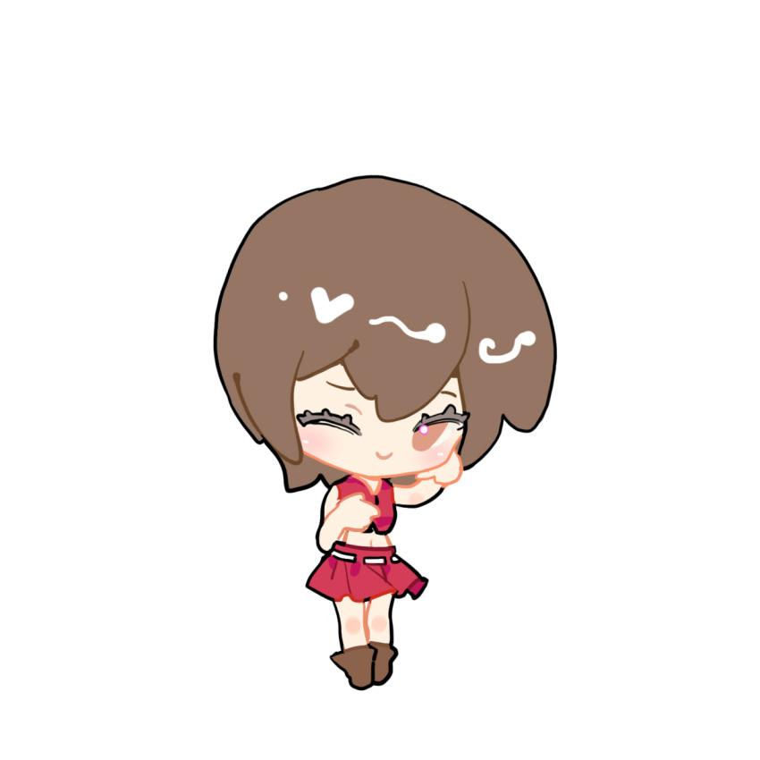 1girl brown_eyes brown_footwear brown_hair chibi chinese_commentary closed_mouth full_body hand_on_own_chest hands_up highres indai_(3330425) light_blush looking_at_viewer meiko midriff one_eye_closed red_shirt red_skirt shirt short_hair simple_background skirt sleeveless sleeveless_shirt smile solo vocaloid white_background