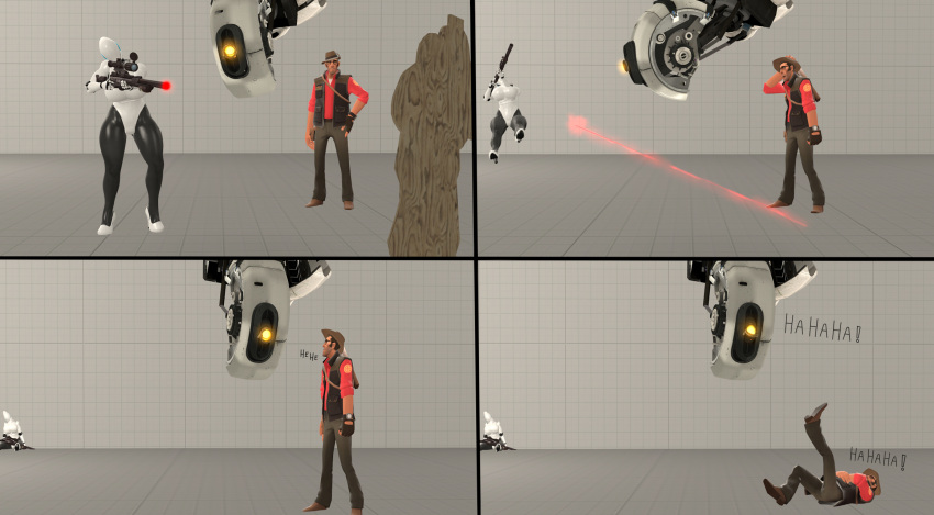 3d_(artwork) aiming android comic dialogue digital_media_(artwork) female glados group gun haydee haydee_(game) hi_res human humanoid machine male male/female mammal photolol.03 portal_(series) ranged_weapon rifle robot simple_background sniper_(team_fortress_2) sniper_rifle source_filmmaker team_fortress_2 trio valve video_games weapon