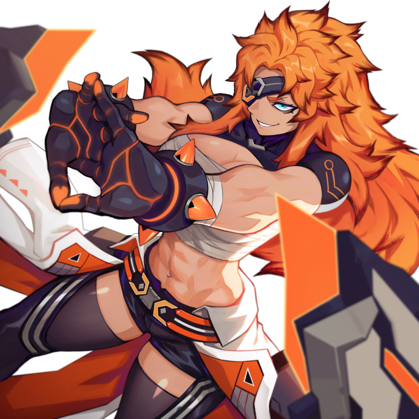 1girl abs asher_(omega_strikers) bandages belt black_shorts blue_eyes breasts eyepatch gloves highres james_ghio large_breasts liyart long_hair muscular muscular_female official_art omega_strikers orange_hair sarashi shorts simple_background smile solo spiked_hair stretching thighhighs thighs white_background