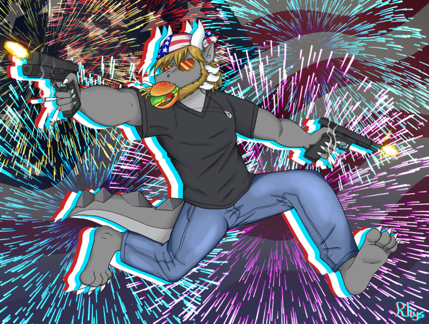 2022 4_toes 5_fingers anthro bandanna bent_legs black_clothing black_shirt black_topwear blue_bottomwear blue_clothing blue_jeans blue_pants bottomwear brown_hair burger cigarette claws clothed clothing colored_nails denim denim_clothing digital_media_(artwork) dragon eyewear facial_hair feet fingers fireworks firing_gun firing_weapon flag food food_in_mouth fries grey_body grey_ears grey_face grey_feet grey_skin grey_tail gun hair handgun holding_object holding_weapon horn humanoid_hands jeans kerchief lit_cigarette male nails pants pistol ranged_weapon rhys_(wannabe_pendragon) running shaded shirt shooting short_sleeves signature smoke snout solo stars_and_stripes sunglasses teeth toe_claws toes topwear united_states_of_america wannabe_pendragon weapon white_nails