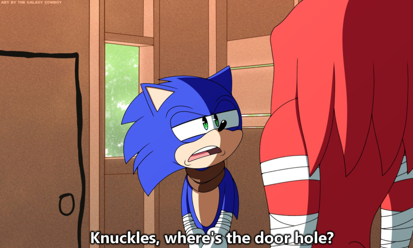 2boys bandaged_arm bandages drake_&amp;_josh english_commentary english_text galaxy_cowboy half-closed_eyes highres knuckles_the_echidna meme multiple_boys parody scarf sonic_(series) sonic_boom sonic_boom_(game) sonic_the_hedgehog subtitled where's_the_door_hole?_(meme)