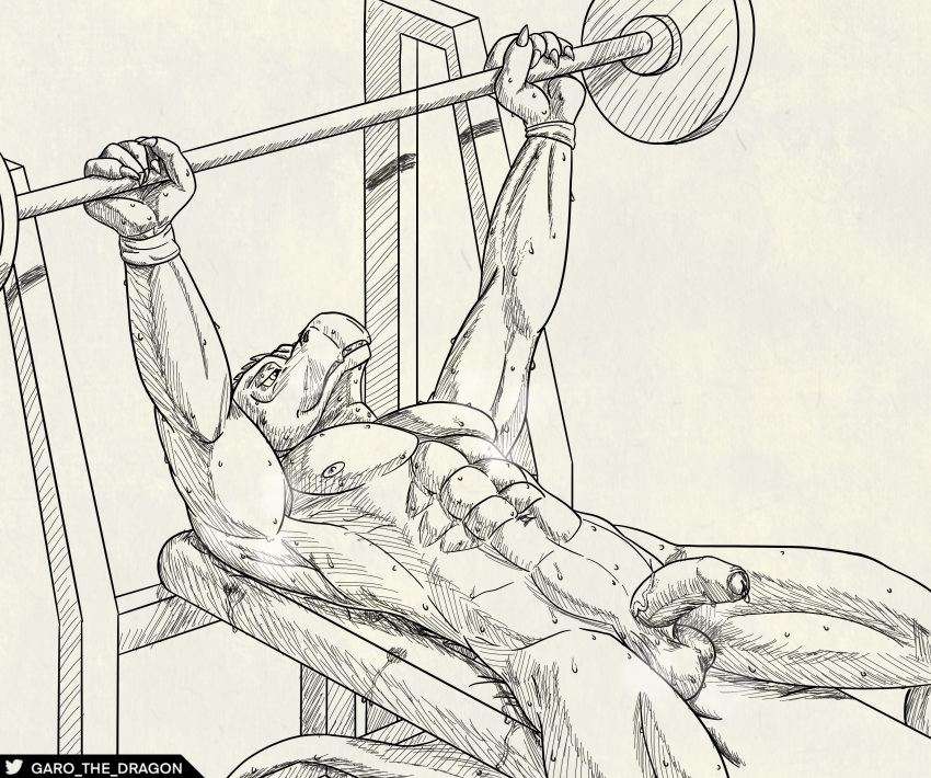 2022 abs absurd_res balls bench bench_press bodily_fluids dinosaur exercise extended_arms foreskin garo_(artist) genitals half-erect hi_res inktober kinktober looking_up male monochrome muscular musk nipples pecs penis portrait reptile saggy_balls scalie simple_background solo sweat teeth three-quarter_portrait vein veiny_penis