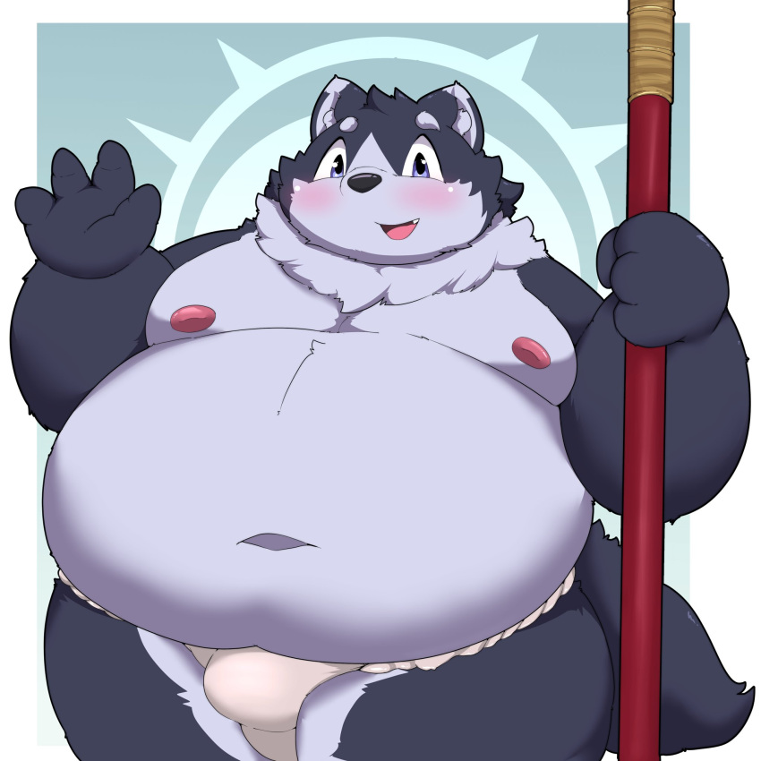 2022 4_fingers anthro asian_clothing belly big_belly blue_body blush bulge canid canine canis clothing domestic_dog east_asian_clothing fingers fundoshi harima hi_res japanese_clothing kemono kusosensei male mammal moobs navel nipples overweight overweight_male solo tamacolle underwear weapon white_clothing white_fundoshi white_underwear