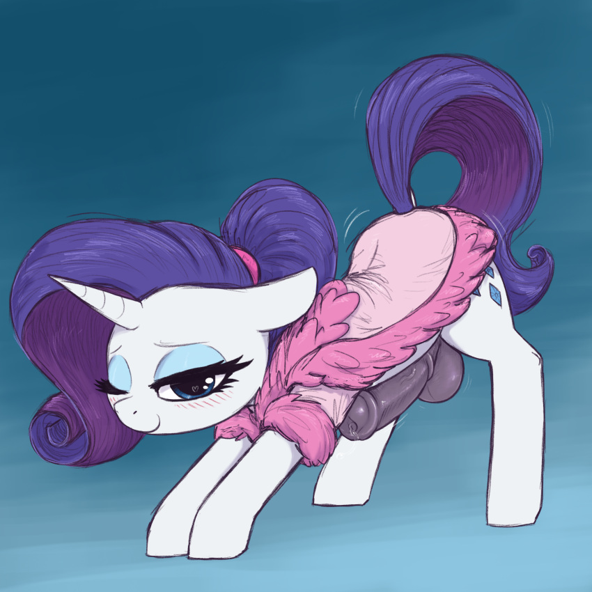 &lt;3 &lt;3_eyes absurd_res animal_genitalia animal_penis balls bathrobe blush clothing crossgender equid equine equine_penis feral friendship_is_magic ftg_crossgender fti_crossgender genitals gynomorph hair hasbro hi_res horn intersex mammal my_little_pony penis purple_hair rarity_(mlp) robe solo t72b unicorn white_body