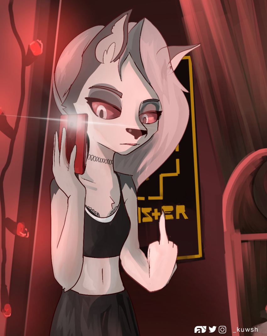anthro bottomwear canid canid_demon cellphone clothing collar crop_top demon female gesture hair hellhound helluva_boss hi_res kuwsh long_hair loona_(helluva_boss) mammal middle_finger miniskirt mirror_selfie multicolored_body phone red_eyes selfie shirt skirt smartphone solo solo_focus topwear two_tone_body