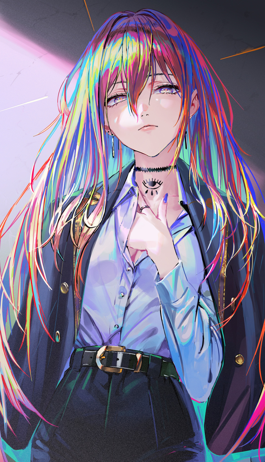 1girl absurdres belt black_pants blue_nails breasts choker earrings gradient_hair highres jacket jacket_on_shoulders jewelry long_hair multicolored_hair nababa open_clothes open_jacket original pants solo_focus tattoo