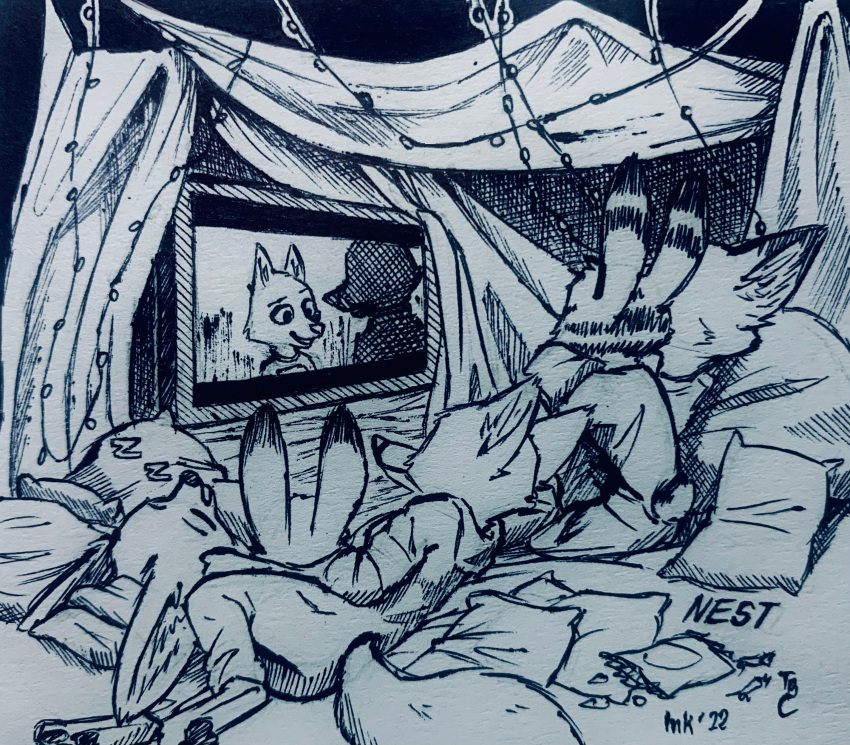 2022 absurd_res anthro canid canine clothed clothing disney fennec finnick fox fully_clothed group hi_res inktober jack_savage judy_hopps lagomorph leporid mammal monochrome nick_wilde pillow rabbit reclining red_fox skye_(zootopia) sleeping sound_effects theblueberrycarrots traditional_media_(artwork) watching_tv zootopia zzz
