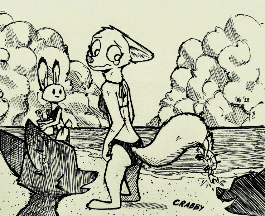 2022 absurd_res anthro arthropod beach bikini bodily_fluids canid canine clothed clothing cloud crab crustacean decapoda disney fennec finnick fluffy fluffy_tail fox fur group hi_res inktober judy_hopps lagomorph leporid looking_at_another malacostracan mammal marine monochrome nick_wilde outside rabbit red_fox sand sea seaside skye_(zootopia) standing swimwear tears theblueberrycarrots traditional_media_(artwork) water zootopia