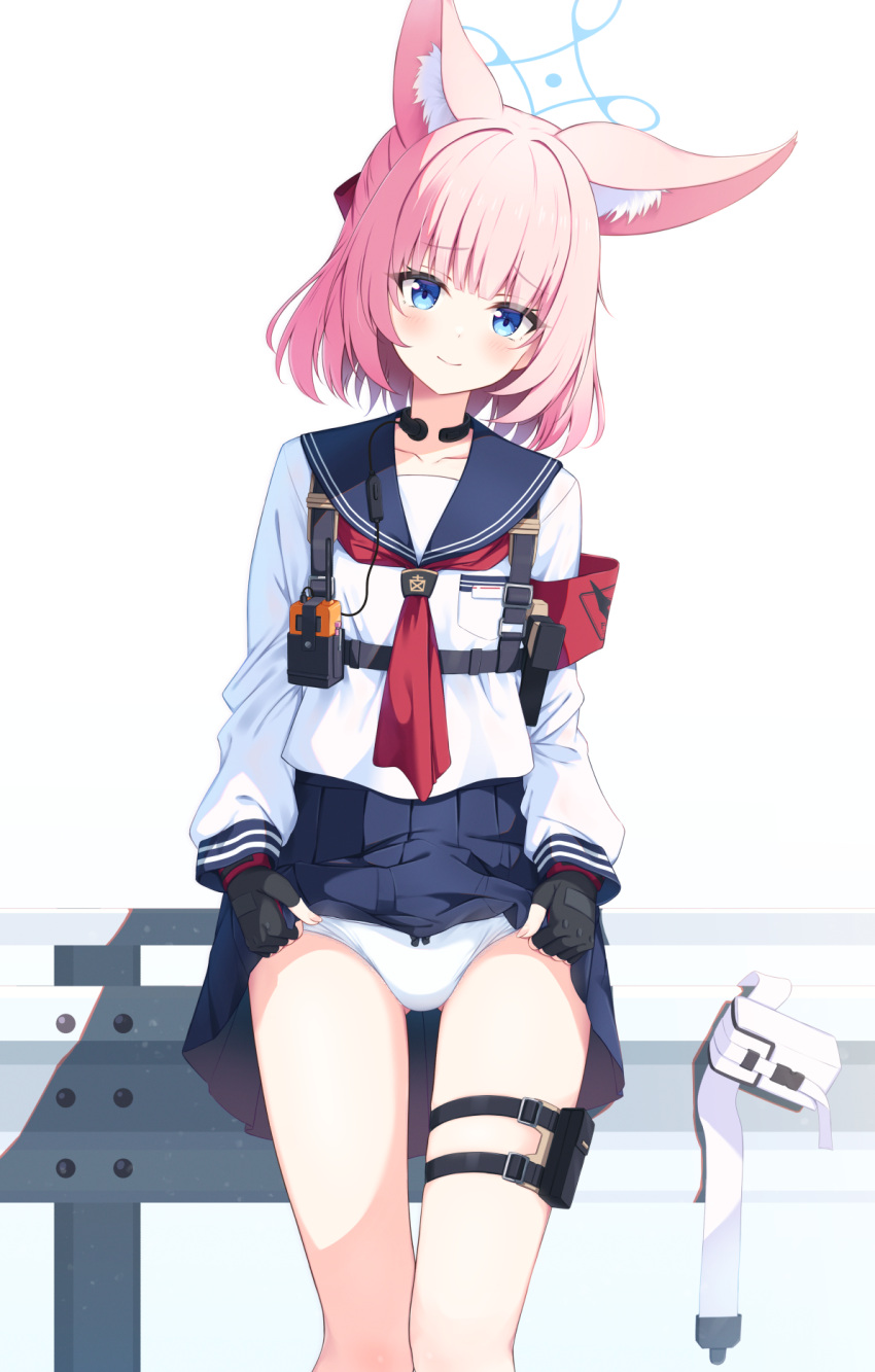 1girl animal_ear_fluff animal_ears armband bag bangs beam black_gloves blue_archive blush commission fingerless_gloves fox_ears gloves halo highres lifted_by_self long_sleeves looking_at_viewer medium_hair miso_(misomiso_154) necktie nico_(blue_archive) panties pink_hair pleated_skirt sailor_collar school_uniform serafuku sidelocks skeb_commission skirt smile solo thigh_strap throat_microphone underwear