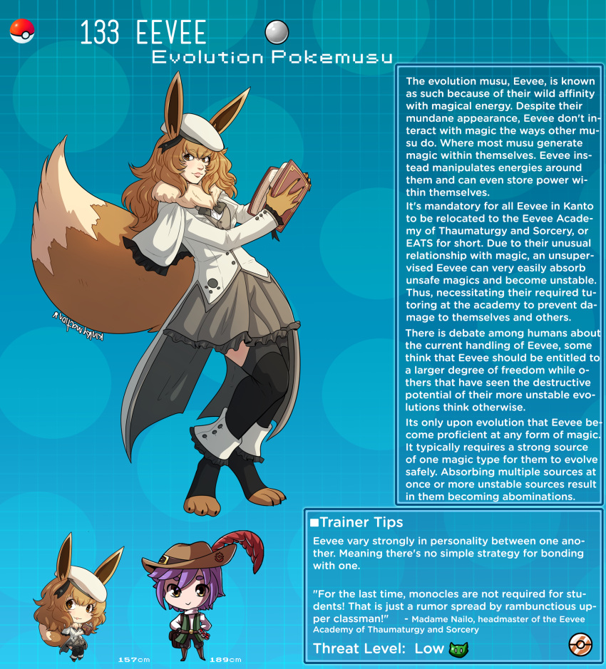 1boy 1girl animal_feet animal_hands artist_name beret black_thighhighs blue_background book brown_eyes brown_hair capelet character_name character_profile eevee english_commentary english_text grey_skirt hat hat_feather highres holding holding_book jacket kinkymation long_hair personification poke_ball poke_ball_(basic) pokemon pokemon_ears pokemon_tail purple_hair skirt spats_(footwear) tail tailcoat thighhighs toeless_legwear vest wavy_hair white_headwear white_jacket zettai_ryouiki
