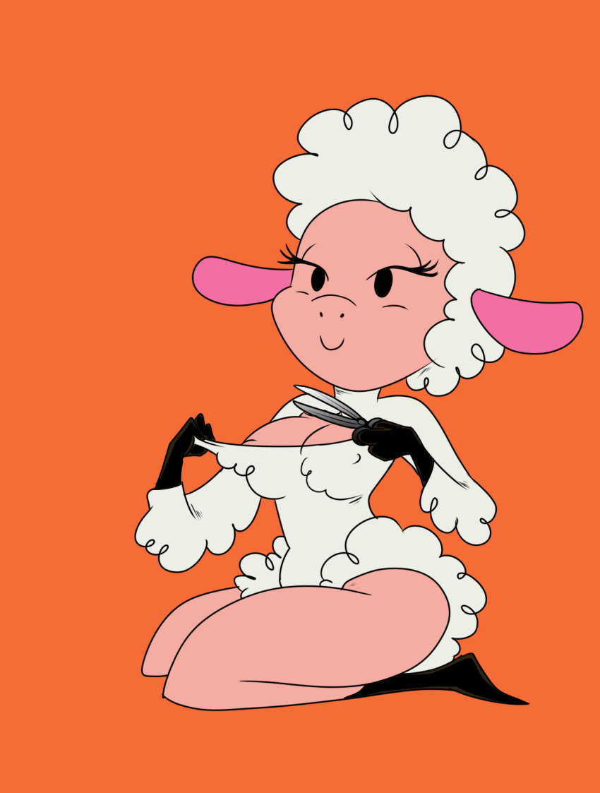 2013 anthro bovid breasts caprine cleavage clothed clothing droopy_(series) female fur hi_res leggy_lamb madmax mammal metro-goldwyn-mayer nipple_outline scissors shearing sheep sheep_wrecked simple_background solo wool_(fur)