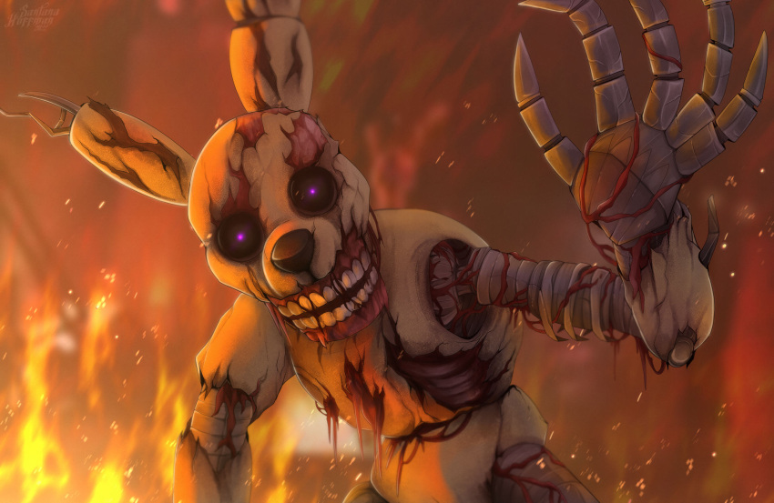 2022 5_fingers ambiguous_gender animatronic anthro artist_name black_nose black_sclera bone digital_media_(artwork) dot_eyes fingers fire five_nights_at_freddy's front_view glowing glowing_eyes gore half-length_portrait hi_res lagomorph leporid looking_at_viewer machine mammal nightmare_fuel portrait purple_eyes rabbit rib_cage robot santanahoffman scottgames signature solo tan_body teeth torn_body undead video_games