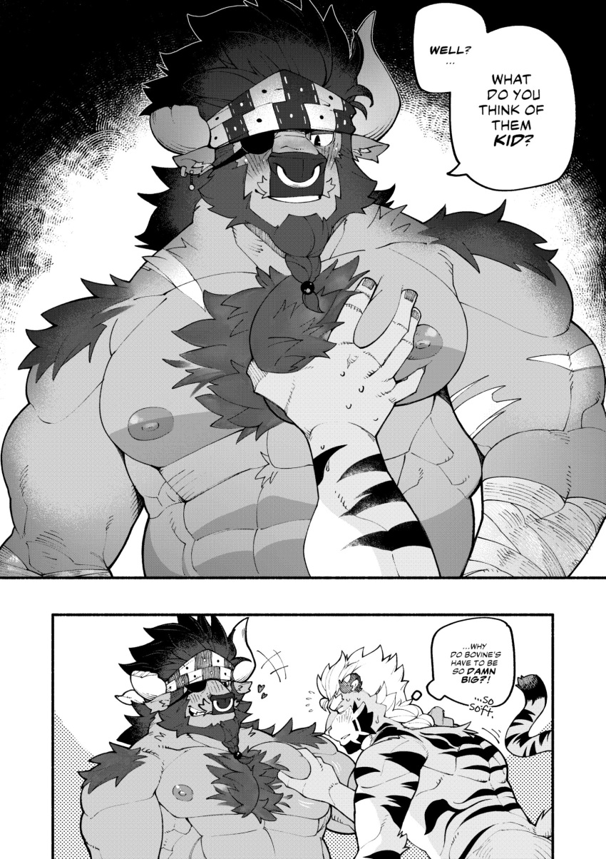 &lt;3 2022 abs absurd_res accessory anthro arm_wraps barazoku beard big_muscles big_pecs body_hair bovid bovine braided_beard cattle chest_hair comic dannon-5 dialogue duo ear_piercing ear_ring english_text eye_patch eyebrows eyewear facial_hair facial_piercing felid fur greyscale hair hand_on_chest hand_on_pecs headband hi_res horn lucky_skebe male male/male mammal meme monochrome multiple_scenes muscular muscular_anthro muscular_male nipples nose_piercing nose_ring nude obliques pantherine pec_grab pec_grasp pecs piercing ring_piercing smile text thought_bubble tiger tuft wraps