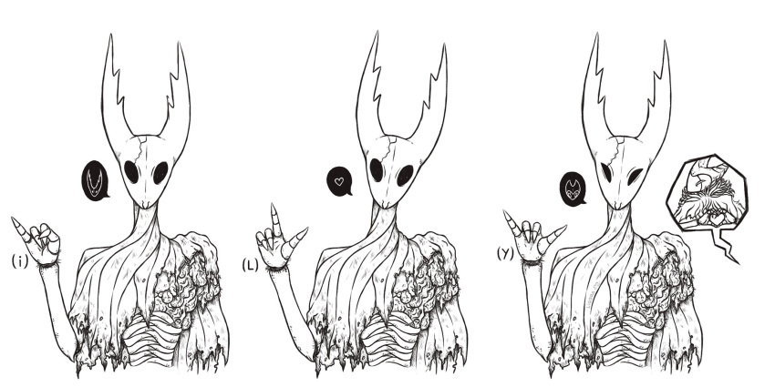 &lt;3 4_fingers ambiguous_gender american_sign_language anthro arthropod cape clothing cracks duo fingers gesture grimm_(hollow_knight) hand_heart hi_res hollow_knight hollow_knight_(character) horn i_love_you insect liqdra looking_at_viewer male male/ambiguous missing_arm monochrome multiple_images scar sign_language solo_focus speech_bubble team_cherry torn_clothing video_games