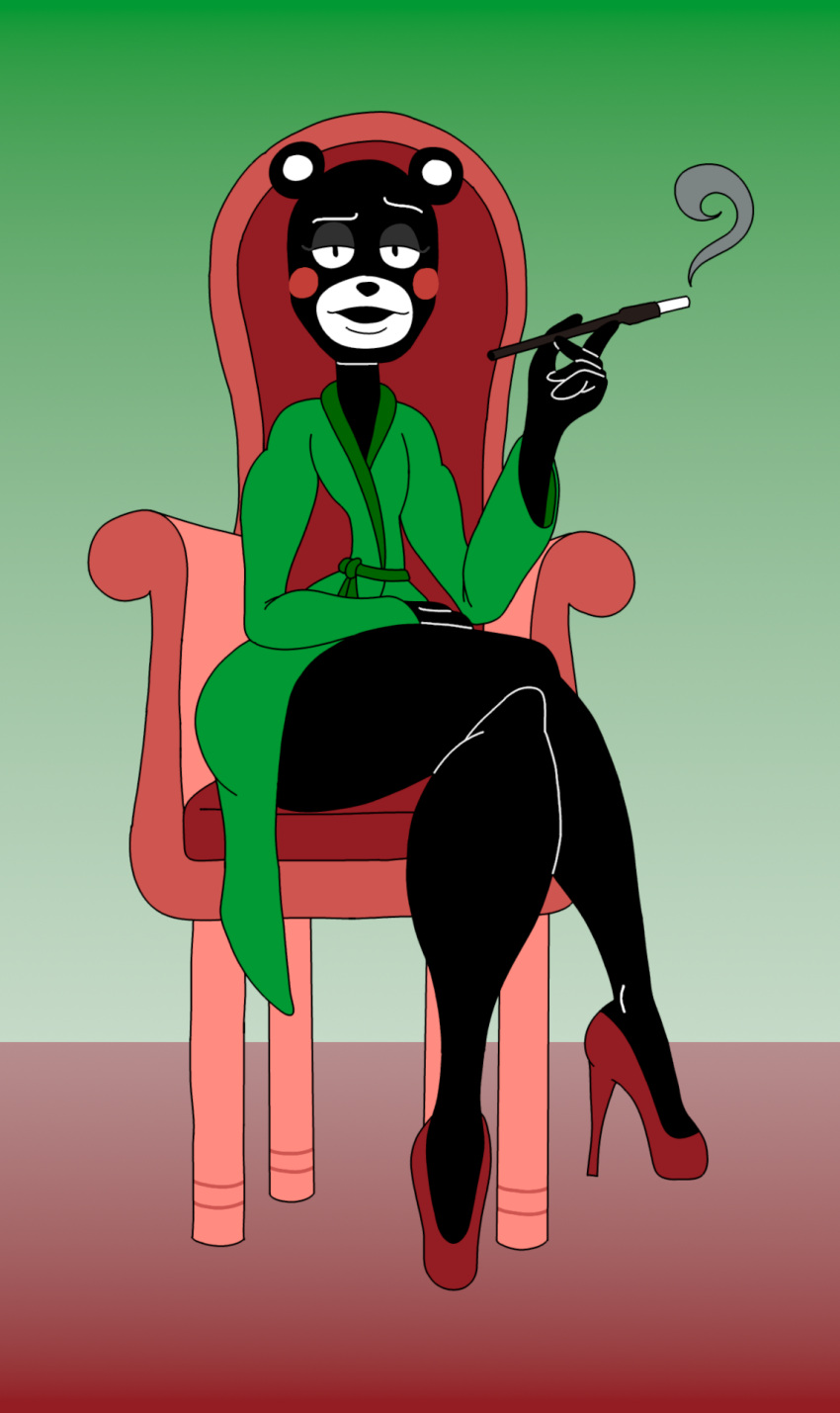 anthro bathrobe black_body black_fur cigarette cigarette_holder clothing eyebrows eyelashes footwear fur half-closed_eyes hi_res high_heels holding_cigarette holding_object kumamon_(mascot) looking_at_viewer male mammal murontis2001 narrowed_eyes red_cheeks robe sitting_on_throne smoke solo thick_thighs ursid white_eyebrows