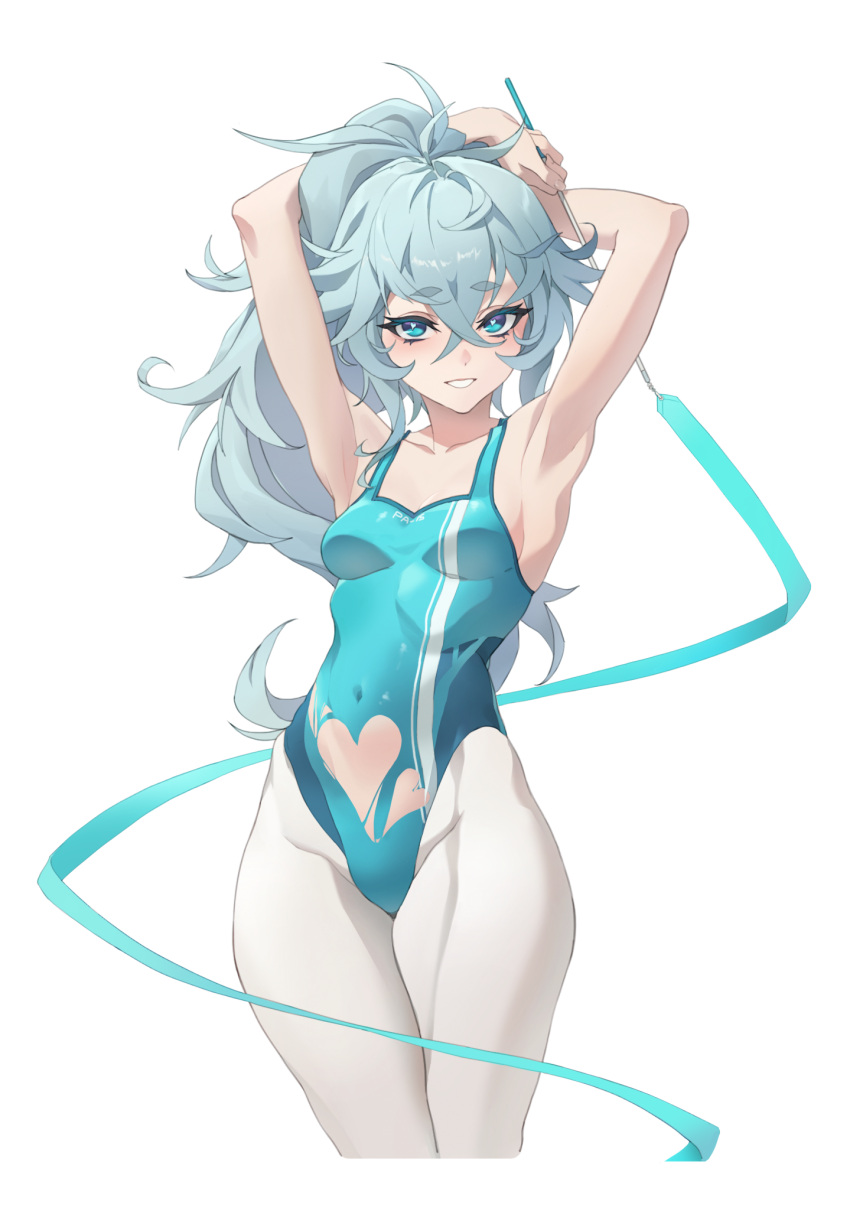 1girl armpits arms_behind_head arms_up athletic_leotard blue_hair clothing_cutout cowboy_shot eye_symbol girls'_frontline gymnastics_ribbon heart heart-shaped_pupils heart_cutout highleg highleg_leotard highres leotard light_blue_hair medium_hair official_alternate_costume pa-15_(dance_in_the_ice_sea)_(girls'_frontline) pa-15_(girls'_frontline) pantyhose ponytail symbol-shaped_pupils thick_eyebrows white_background white_pantyhose zzzearly