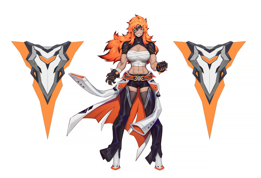 1girl abs asher_(omega_strikers) bandages belt black_gloves blue_eyes breasts concept_art full_body gloves highres liyart long_hair looking_at_viewer muscular muscular_female official_art omega_strikers orange_hair sarashi shield shorts simple_background smile solo spiked_hair standing thighhighs zipper