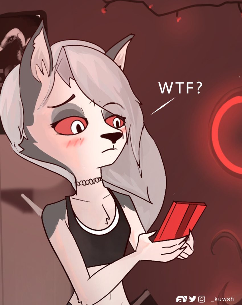 anthro canid canid_demon cellphone clothing collar confusion crop_top demon female hellhound helluva_boss hi_res kuwsh loona_(helluva_boss) mammal multicolored_body phone shirt smartphone solo topwear two_tone_body