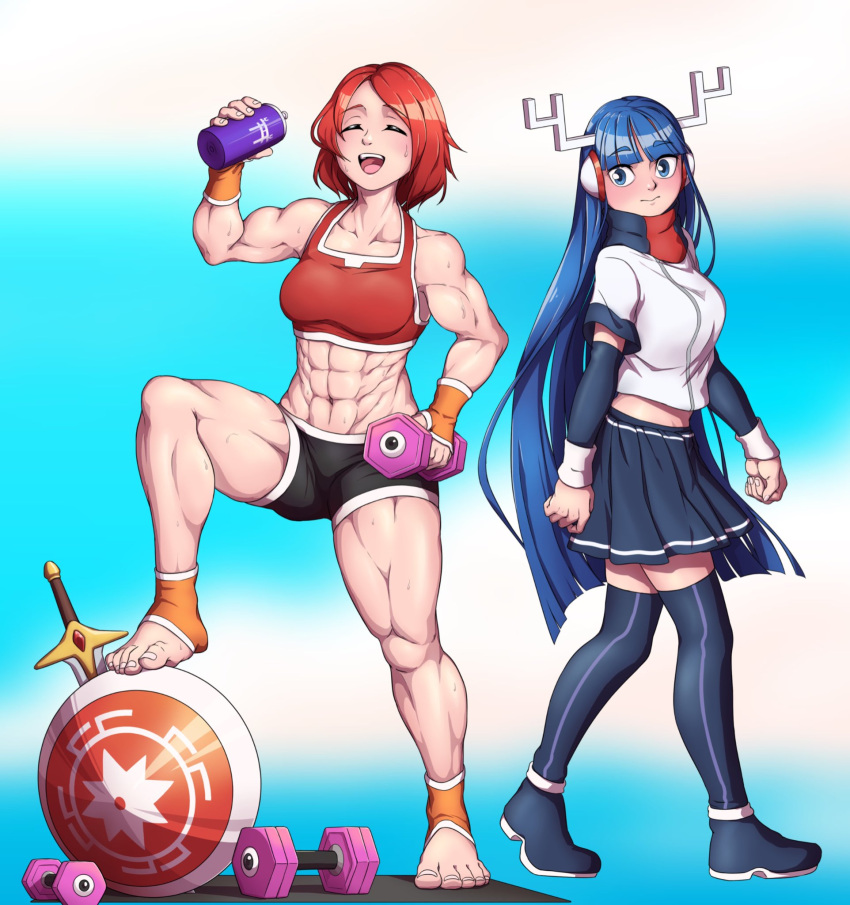 2girls :d abs antlers bangs black_shorts blue_background blue_eyes blue_hair blush bottle closed_eyes crop_top detached_sleeves dumbbell english_commentary full_body highres hinome_(kamiko) holding holding_bottle kamiko_(game) long_hair mefomefo miniskirt multiple_girls muscular muscular_female photoshop_(medium) red_hair red_sports_bra shield shirt short_hair short_sleeves shorts skirt smile sports_bra thighhighs toes very_long_hair water_bottle white_background white_shirt yamato_(kamiko)